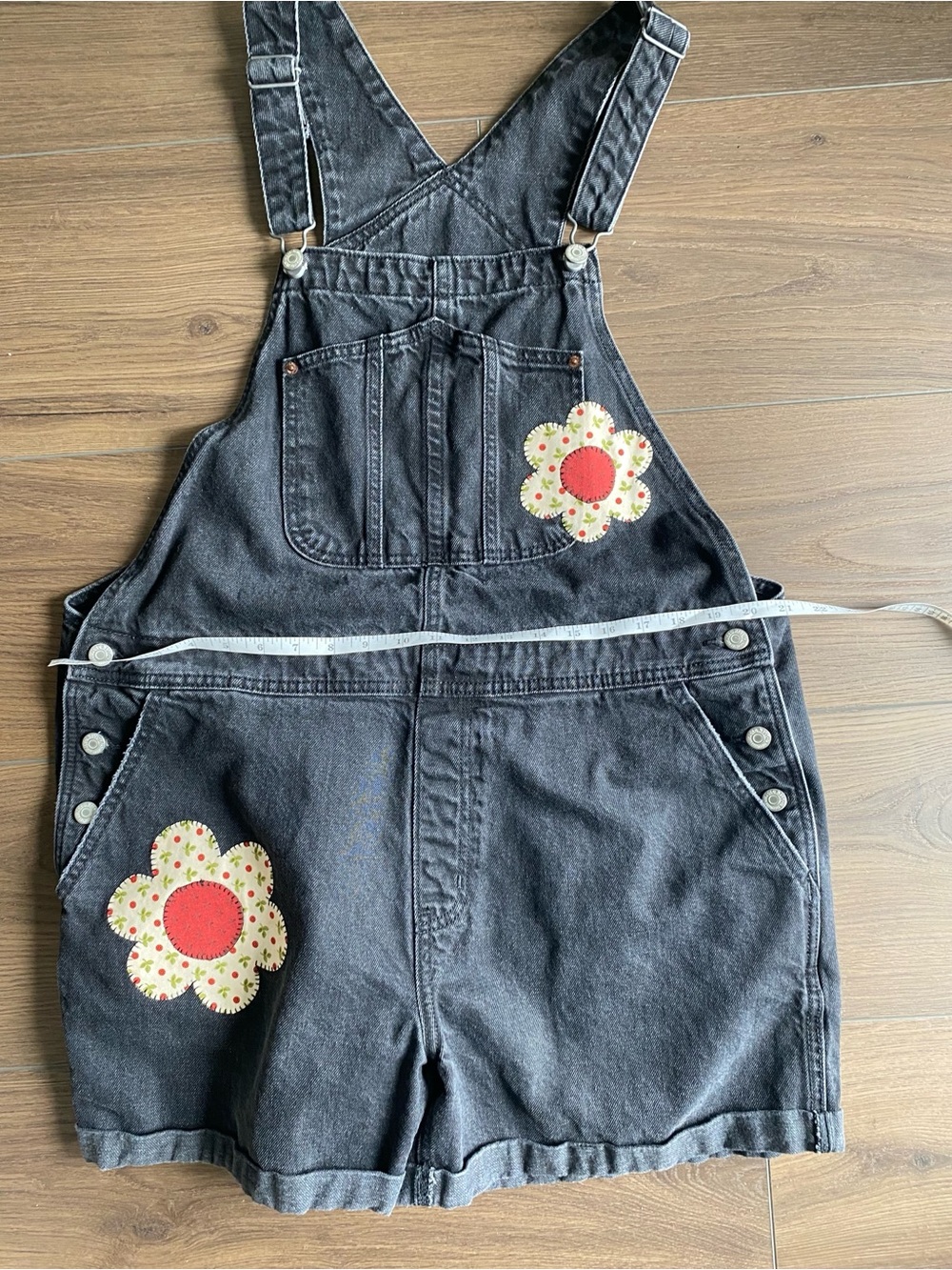 One of a kind upcycled black denim shortalls - Picture 8 of 13